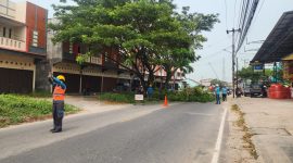 Foto: Petugas PLN memandu arah lalulintas saat melakukan pemangkasan pohon perindang jalan (right of way/ROW) .